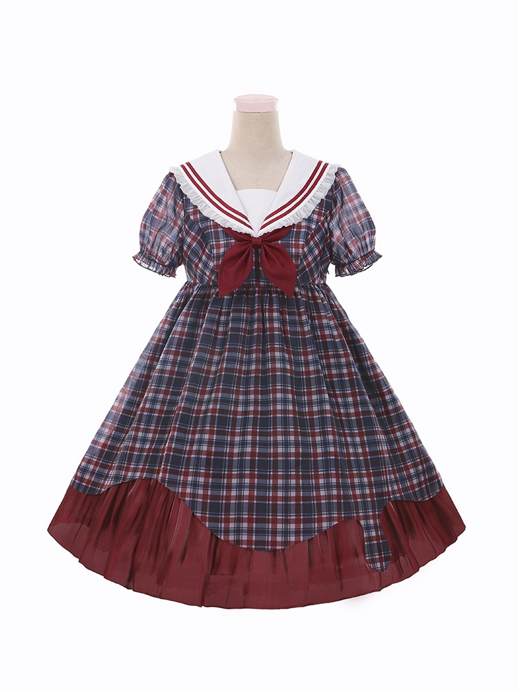 Ice Milk Sailor Collar Short Puff Sleeves Plaid Lolita Dress OP